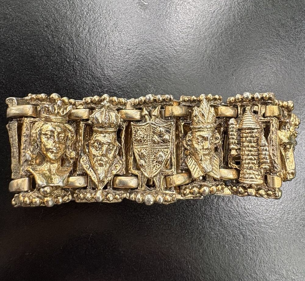 Vintage 1960s Gold Tone Medieval Chess Panel Bracelet King Queen Castle Knight